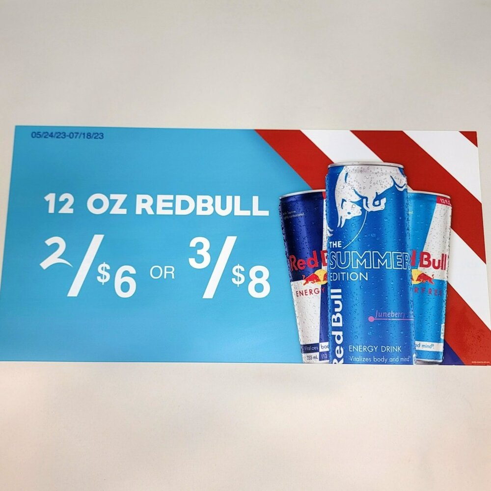 Redbull 12 oz Reg Sugarfree Summer Edition Graphic Med/L Pump Topper Promo Sign